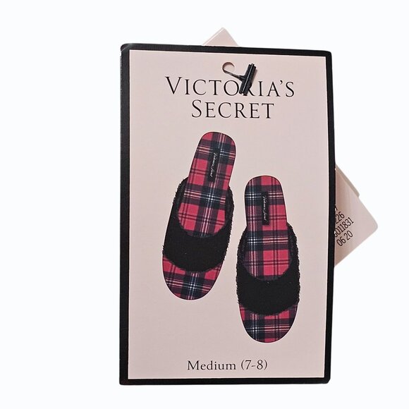 Victoria's Secret Signature Satin Fur Trim Slippers Red Plaid w Dust Bag M 7/8 - Picture 8 of 11